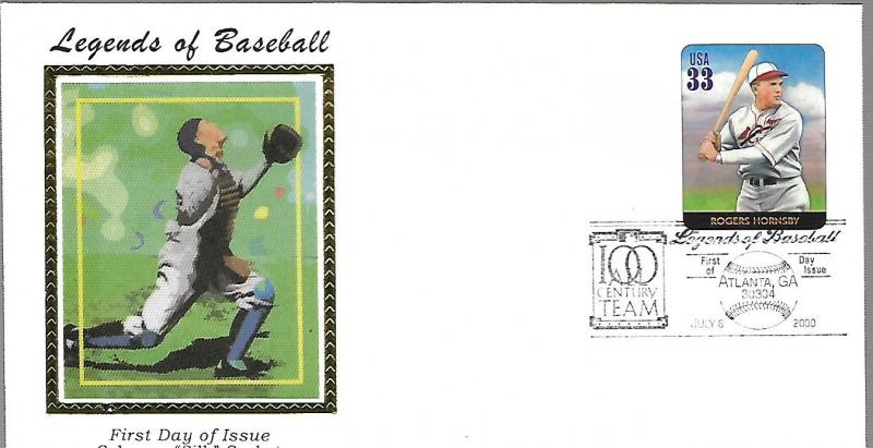 US  3408f  ROGERS HORNSBY , BASEBALL FDC,  COLORANO SILK CACHET