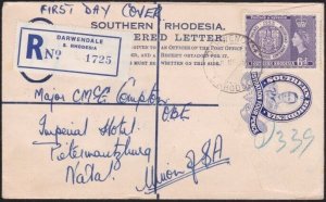 SOUTHERN RHODESIA 1953 GVI 6d Reg cover - Centenary 6d FDC - Darwendale....B3544