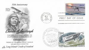 1977 FDC, #1710, 13c Lindbergh's Flight, Nassau County (NY) Museum, dual...