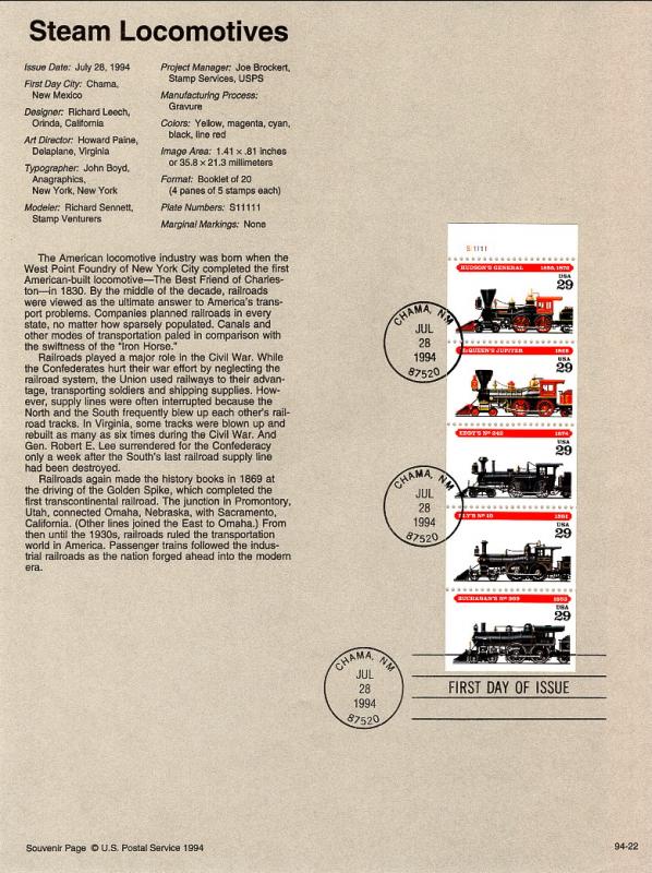 US SP1073 Locomotives 2847a Souvenir Page FDC