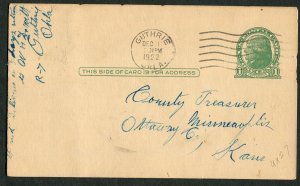 1922 Guthrie Oklahoma to Minneapolis Kansas Postal Card 1c Tax Statement Request