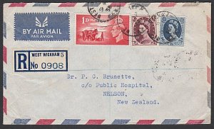 GB 1958 Reg airmail cover to NZ - mixed franking inc QE 11d.................J370