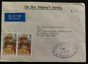 1980 Ministry Of Communications Mauritius OHMS Airmail Cover To Montreal Canada