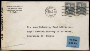 USA 1942 15c Prexie Lawrence Ks Stockholm Sweden Censor Transatlantic Cove 86034