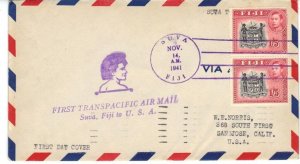 FIJI 1941 SUVA FIRST FLIGHT TRASPACIFIC AIR MAIL FDC TO USA