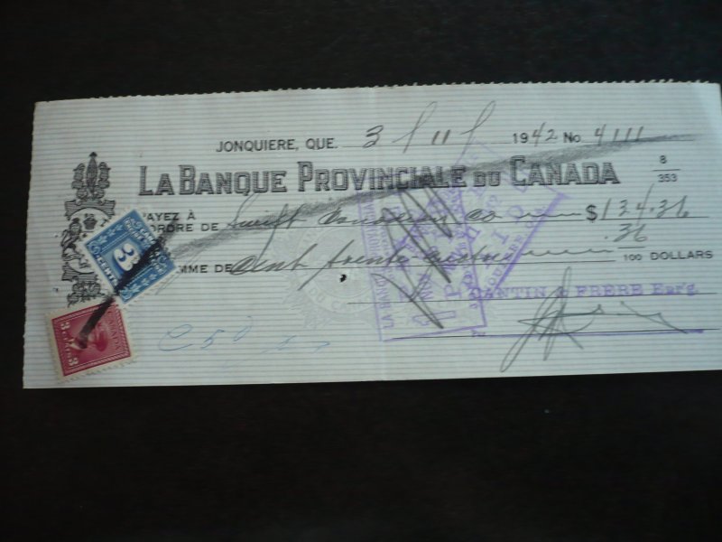 Canada - Revenue - KGVI War Issue Stamp & Revenue Stamp on cheque dated 1942