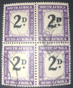 S.AFRICA 1948 POST DUE 2d BLOCK OF 4 TOP RIGHT WITH THICK 2D 35/35a. CAT$300 .