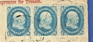 [sto100] 1861 Scott#63 Strip of 3 on Civil War Patriotic Cover