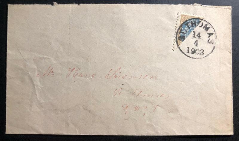 1903 St Thomas Danish West Indies Bisect Stamp Cover Domestic Used