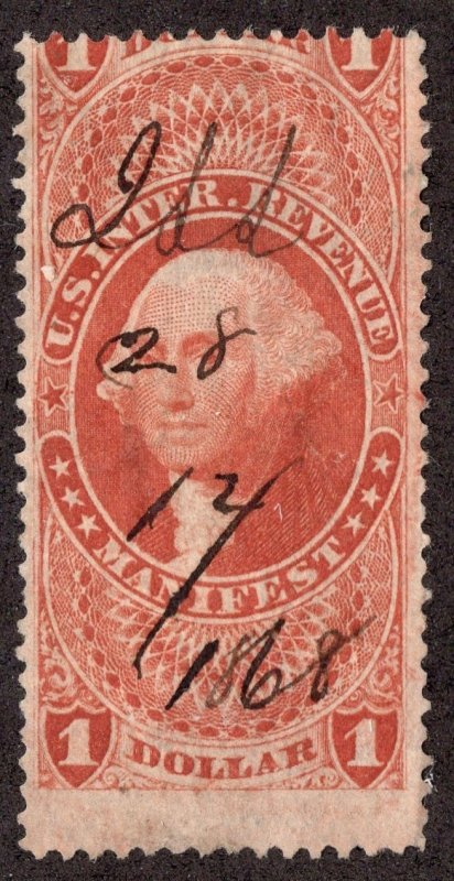 US #R72c One Dollar Manifest Revenue Stamp *Minor Fault* ~jm-1080