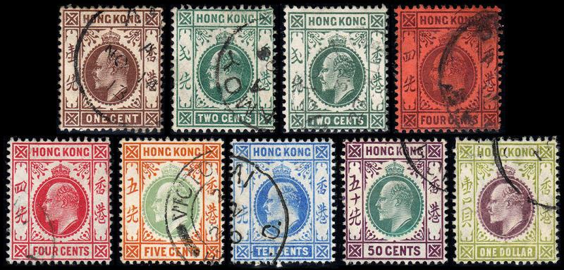 Hong Kong  Scott 86-91, 95, 101, 103 (1904-11) Used VF, CV $61.75