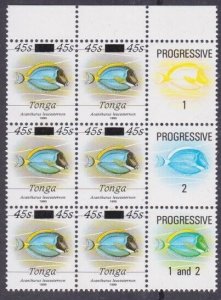 TONGA 1992 45s on 32s fish imprint block 6 MNH.............................B3957