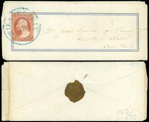 1850's Embossed Fancy Border Ladies Cover, Blue Philadelphia Cds -NY, SCOTT #10A