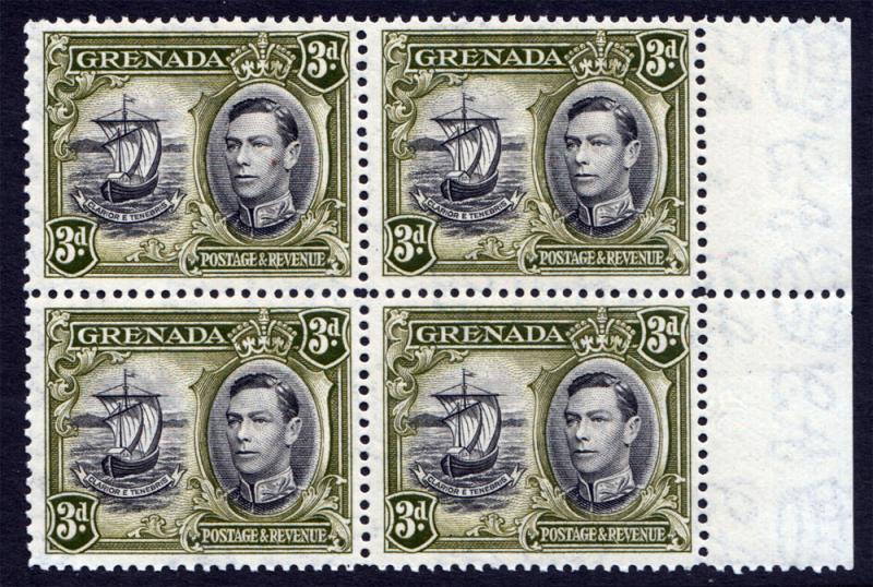 Grenada KGVI 1938 3d Black Olive-Green SG158 Mint Never Hinged Block x 4 MNH