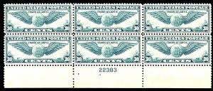 U.S. #C24 MINT PL# BLOCK OF 6 OG NH CREASES