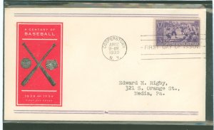 US 855 1939 3c Baseball Centennial (single)on an addressed first day cover with a Fidelity cachet.