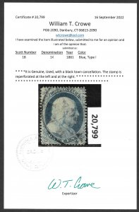 Doyle's_Stamps: 1861 1c Franklin Scott #18 (Crowe Cert)