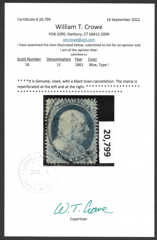 Doyle's_Stamps: 1861 1c Franklin Scott #18 (Crowe Cert)