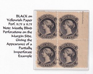 NOVA SCOTIA # 8 MNH BLIND PERFS Q/VIC BLOCK OF 4 1cts BLACK PART INSCRIPTION