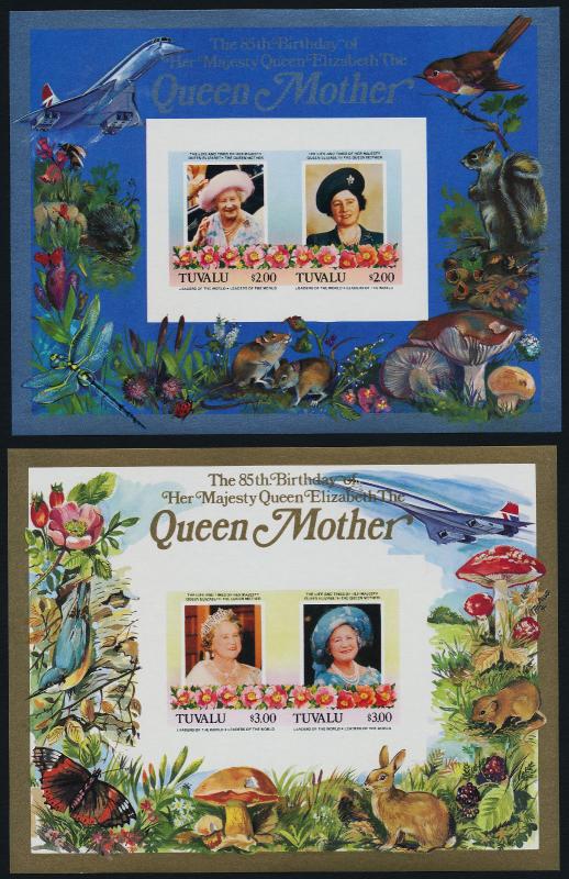 Tuvalu 316-7 imperf MNH Queen Mother 85th Birthday, Concorde, Flower, Mushroom