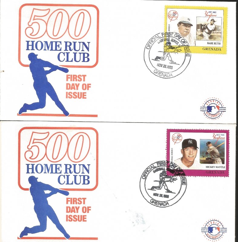 J) 1988 GRENADA, BASEBALL. 500 HOME RUN CLUB, MICKEY MANTLE, BABE RUTH, SET OF 2