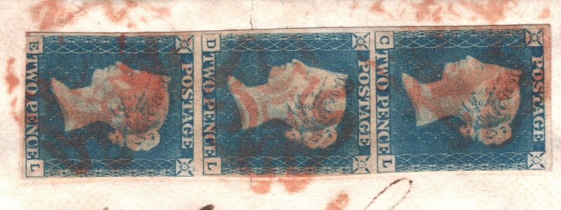 GB 1840 2d PALE BLUE STRIP (CL-EL) Cover PLYMOUTH MX Devon SG.6 Cat £4,950- 110h 