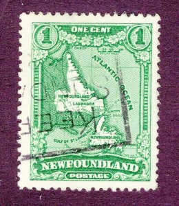 Newfoundland 1929 1c green Map, Scott 163 used, value = 65c