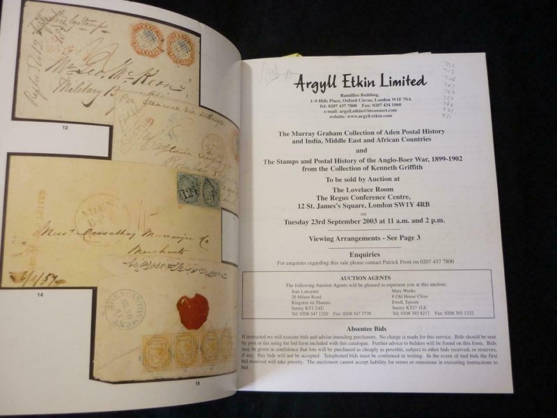 ARGYLL ETKIN AUCTION 2003 WITH STAMPS & POSTAL HISTORY ANGLO-BOER 'KEN GRIFFITH'