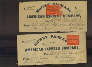 27 AMERICAN EXPRESS CO. MONEY PACKAGE LABELS LARGE LOT W/MANY SCARCE TOWNS!!!