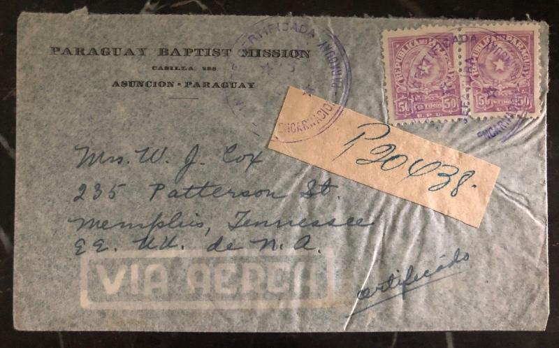 1932 Asuncion Paraguay Airmail Baptist Missionary cover to Memphis TN USA