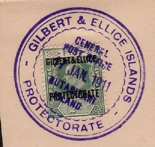 GILBERT & ELLICE IS EVII ½d on 1911 piece huge BUTARITARI cds..............30741 