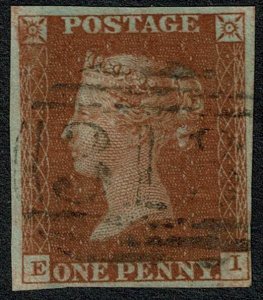 GB 1d red EI Plate 46. Upright 313 of LEA cancellation. Rare.