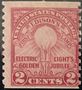 Scott #656 1929 2¢ Edison's First Lamp perf. 10 vertically unused HR