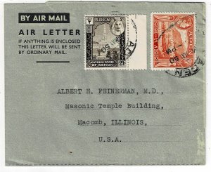 Aden 1961 air letter sheet used to the U.S., mixed issues