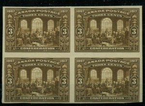 RARE #135 IMPERF BLOCK of 4, no gum as issued, VF Cat$1600 mint Canada