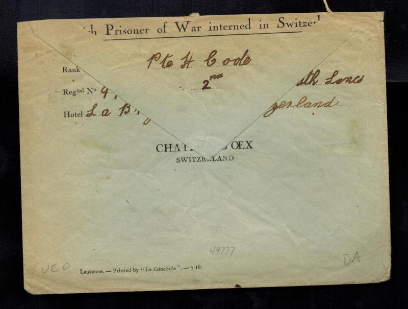 1916 Chateau Doex Switzerland cover to England from British Prisoner of War POW