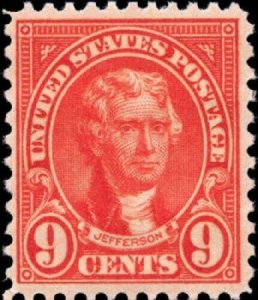 1926 9c Thomas Jefferson, President, Orange Red Scott 641 Mint F/VF NH