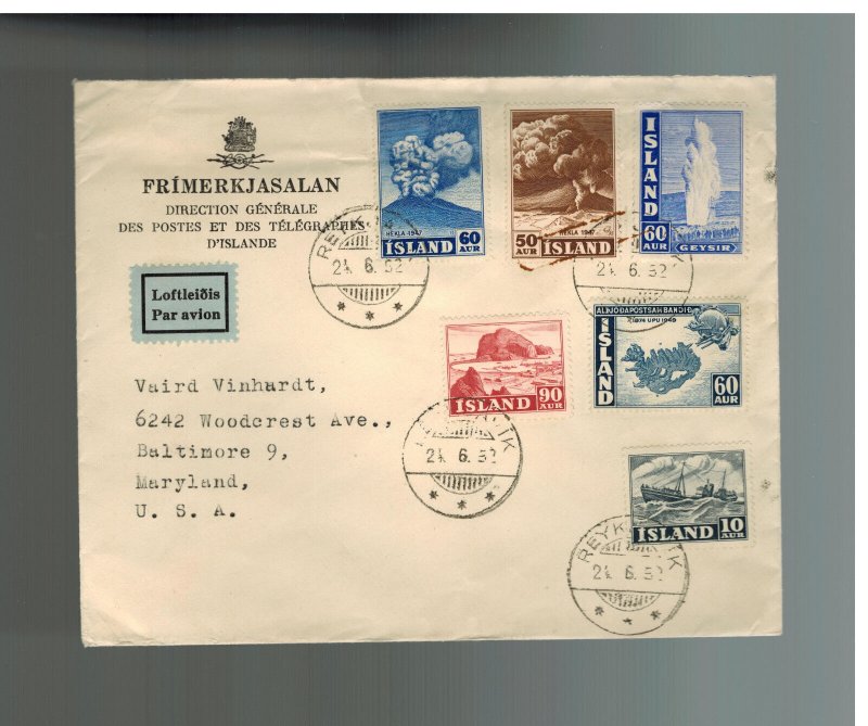 1952 Iceland airmail Post Office Cover to USA