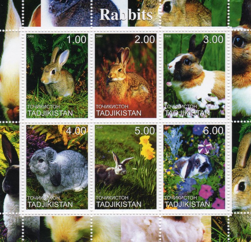 Tajikistan 2000 RABBITS - FLOWERS Sheetlet (6) MNH