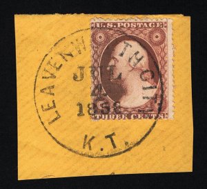 SCOTT 26 USED 1857 TYPE-III TIED TO PIECE LEAVENWORTH KANSAS TERRITORY KT CANCEL