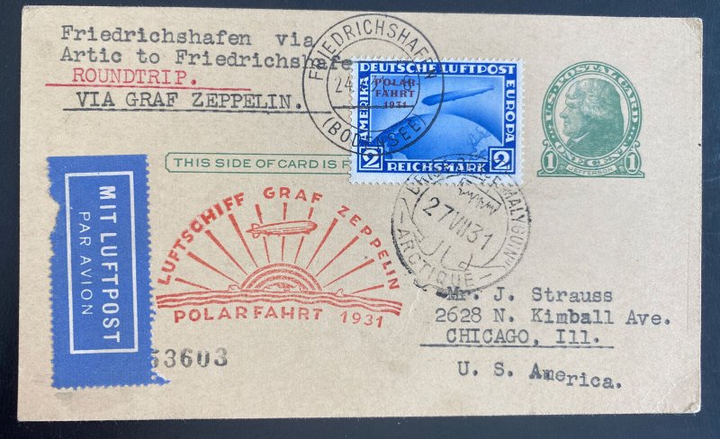 1931 Germany Graf Zeppelin LZ 127 Polar Flight  PC Cover To Chicago Usa Sc#41