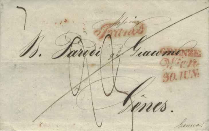 Austria Wien 1843 red script sl on Stampless Folded Letter to Geneva, Switzer...