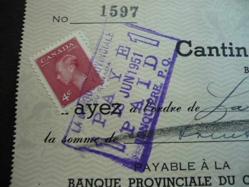 Canada - Revenue - KGVI Stamp on cheque dated 1951