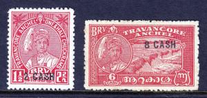 INDIA (TRAVANCORE) — SCOTT 45,47 — 1943 SURCHARGES — MH — SCV $9.25