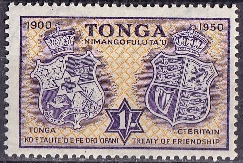 Tonga 99 (mvlh) 1sh treaty w/Great Britain, coats of arms, pur & org (1951)