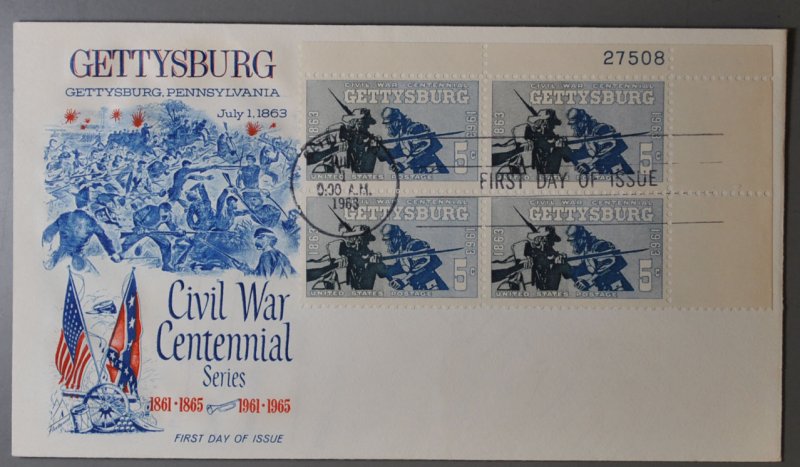 1180 FDC 4¢  Plate Block Gettysburg Civil War Centennial Fleetwood