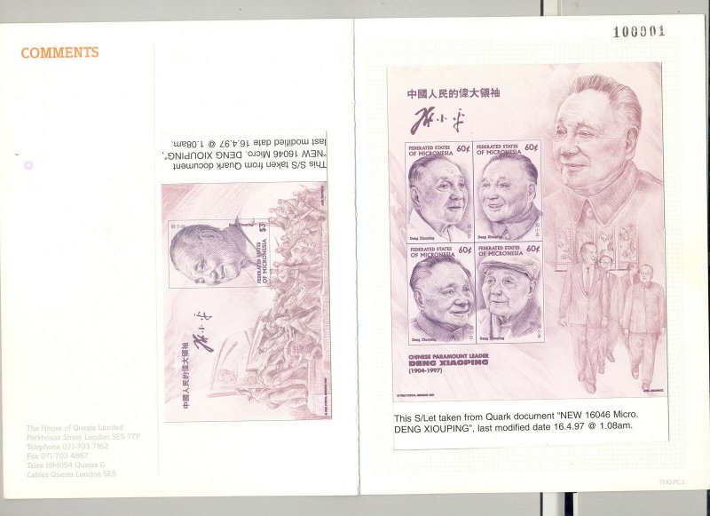 Micronesia #254-255 Deng Xiaoping 1v M/S of 4 & 1v S/S Imperf Chromalin Proofs