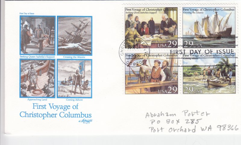 1992, 1st Voyage Christopher Columbus, Block/4, Artmaster, FDC (E10906)