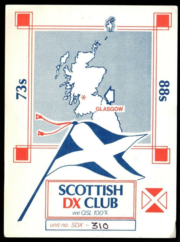 QSL QSO RADIO CARD Scottish DX Club,Saltire,David, Glasgow Scotland (Q3872)