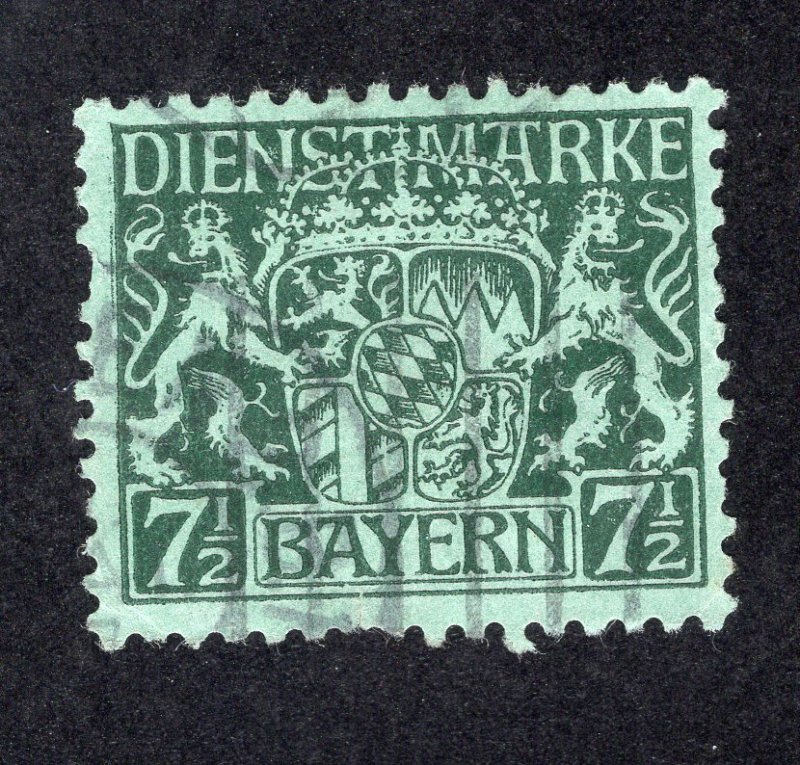 Bavaria 1916 7 1/2pf green on green Official, Scott O8 used, value = 50c